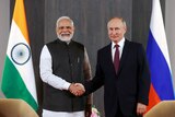 Indian Prime Minister Narendra Modi and Russian President Vladimir Putin shaking hands