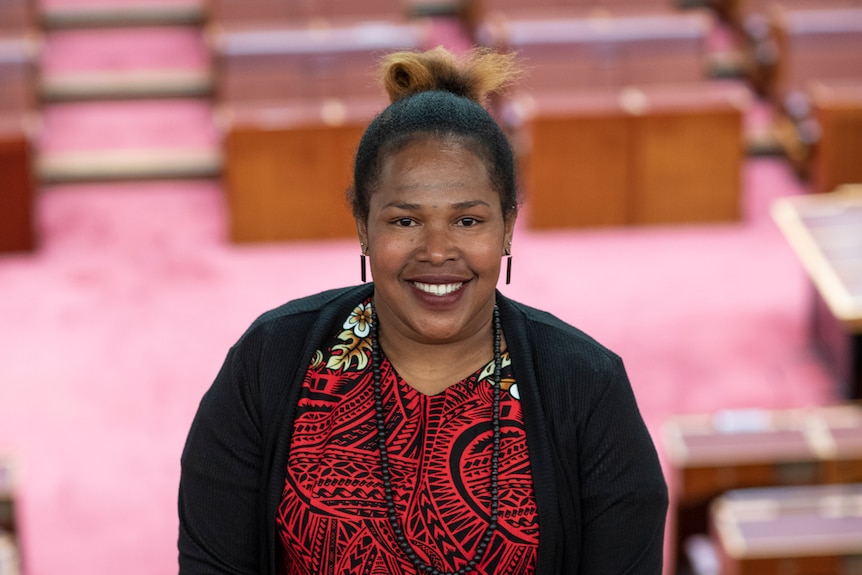 Sophie standing in parliament, smiling, wearing a red and black dress.