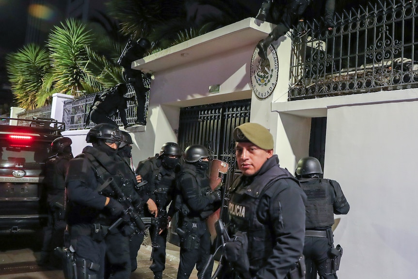 A group of heavily armed police in dark blue uniforms stand outside and scale a spiked wall at night.