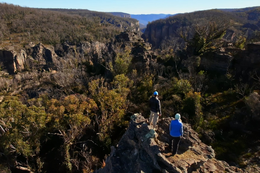 Two bush walkers stand on a rock formation in a canyon.
