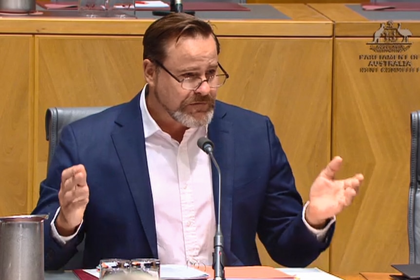 Peter Whish-Wilson, wearing blue suit jacket and shirt, gestures while sitting at wooden desk