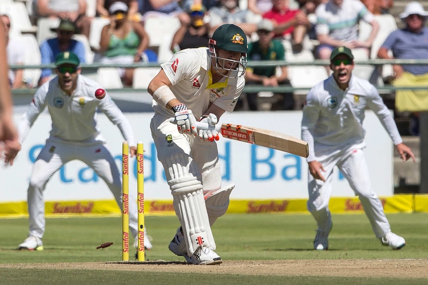 Warner after his off stump was taken out.