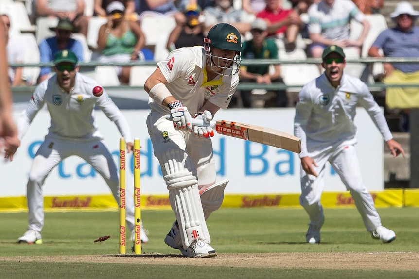 David Warner is bowled by Kagiso Rabada on day two of the third Test in Cape Town.