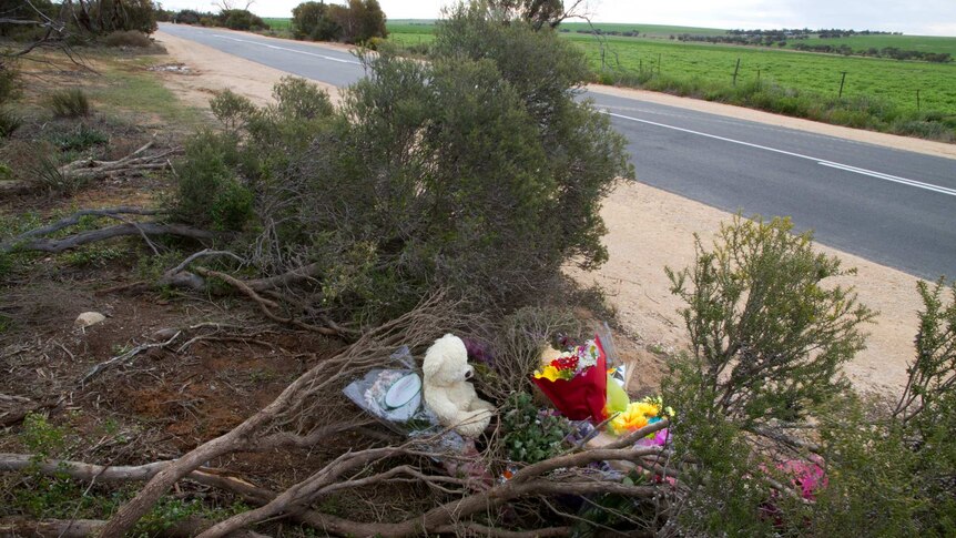 Toys and flowers on the side of a country road