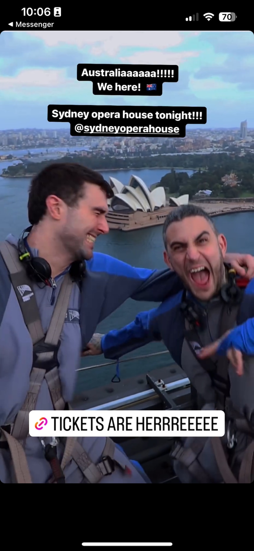 Screengrab of an Instagram story showing two men on the Sydney Harbour Bridge with the Opera House behind them