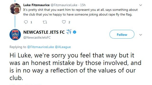 Newcastle Jets FC respond to user in a twitter thread saying "Grim-rap-er" username was a mistake.