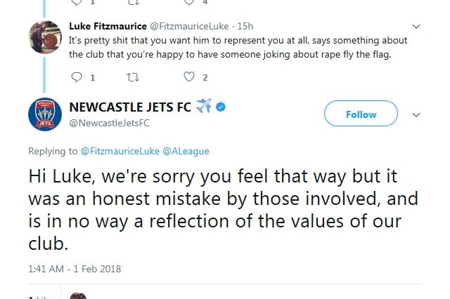 Newcastle Jets FC respond to user in a twitter thread saying "Grim-rap-er" username was a mistake.