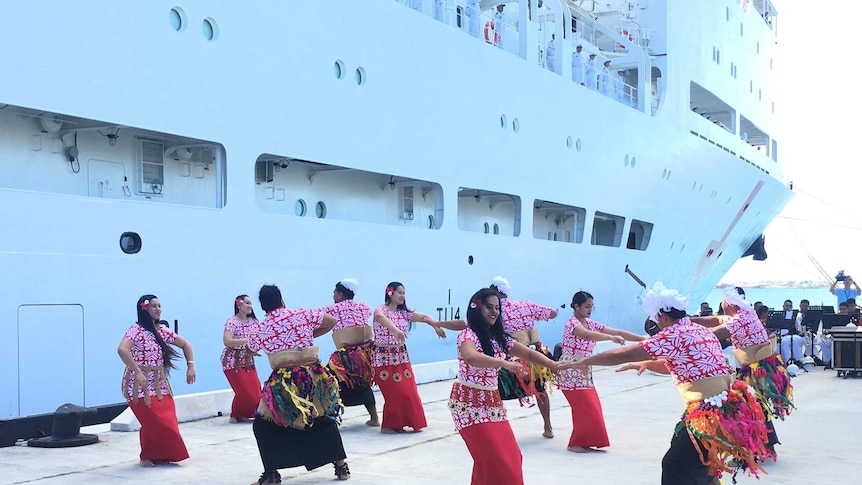 Tongan traditional dancers outside China Peace Ark