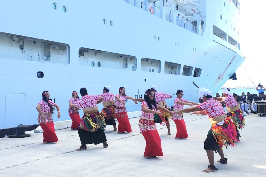 Tongan traditional dancers outside China Peace Ark