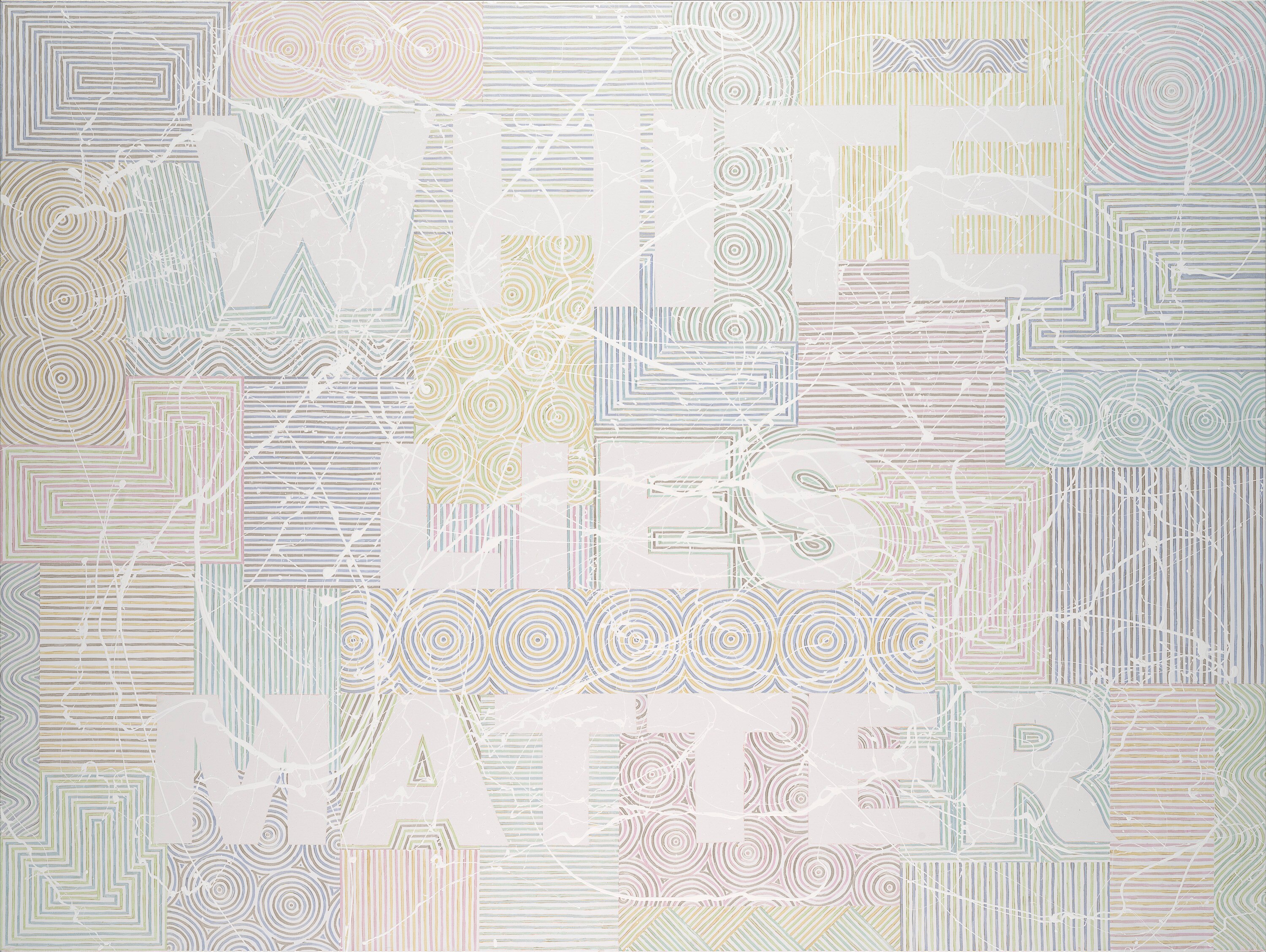 A painting that reads "White Lies Matter" on top of a series of intricate bright matters, including swirls and vertical lines.