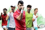 Left to right: Ben Shelton, Jannik Sinner, Novak Djokovic, Carlos Alcaraz and Sebastian Korda.