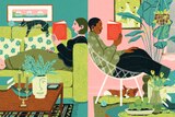 An illustration showing two women reading in comfortable rooms