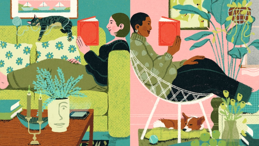 A colourful illustration, one half is a woman on a couch reading and the other half is a person in a chair readng