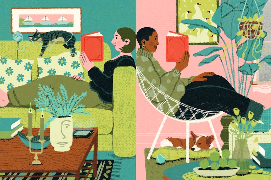 An illustration showing two women reading in comfortable rooms