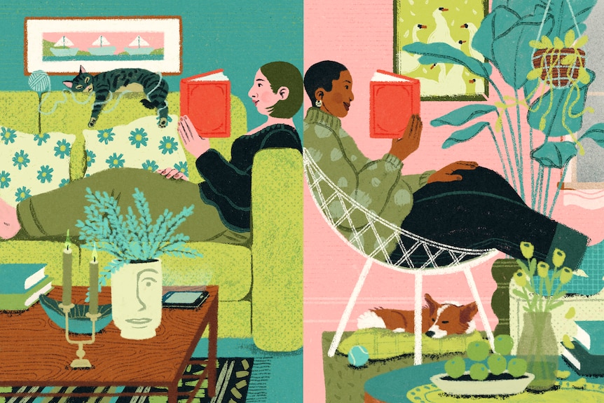 A colourful illustration, one half is a woman on a couch reading and the other half is a person in a chair readng