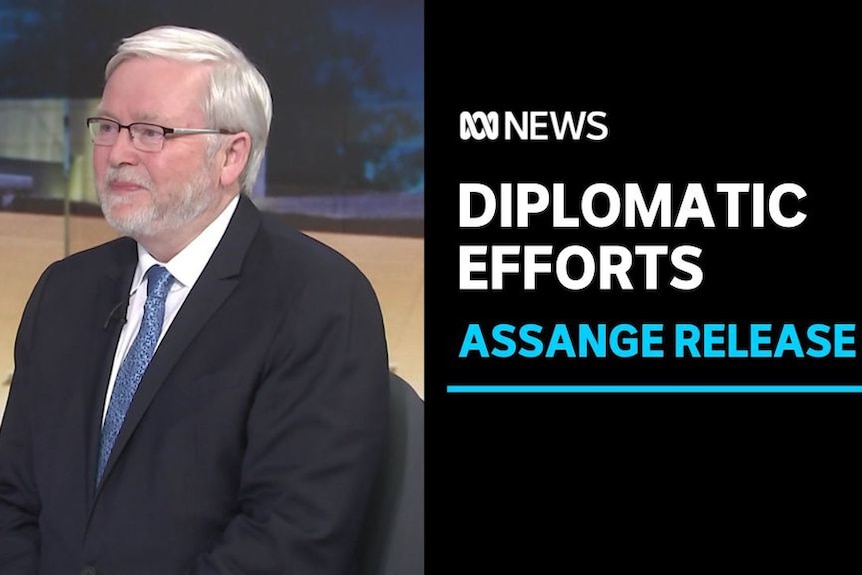 Diplomatic Efforts, Assange Release: Kevin Rudd sitting smiling in a television studio during interview.