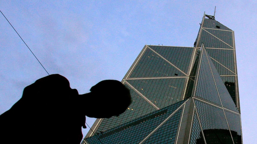 The geometric glass and steel The Bank of China skyscraper in Hong Kong.