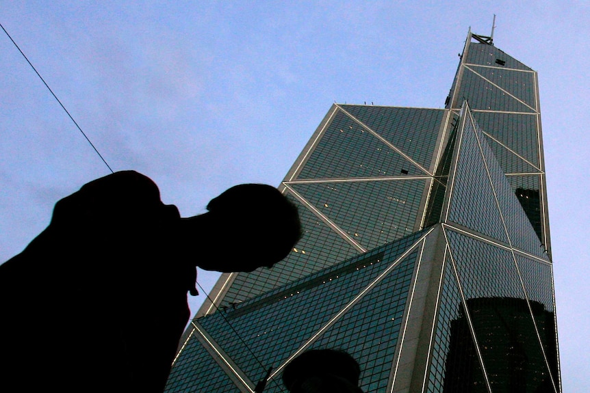 The geometric glass and steel The Bank of China skyscraper in Hong Kong.