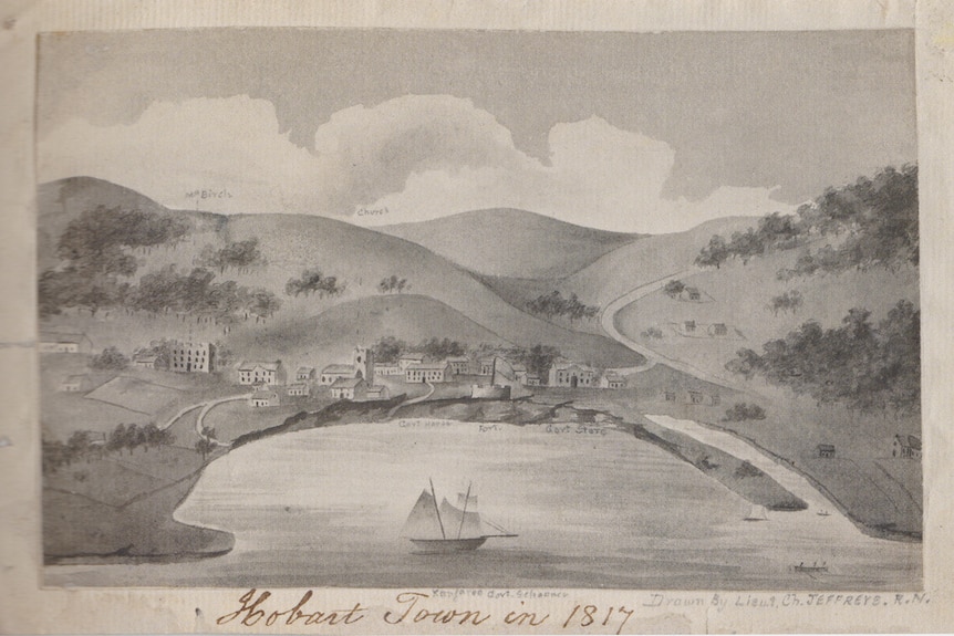 Hobart in 1817, as depicted by Lt Charles Jefferys.