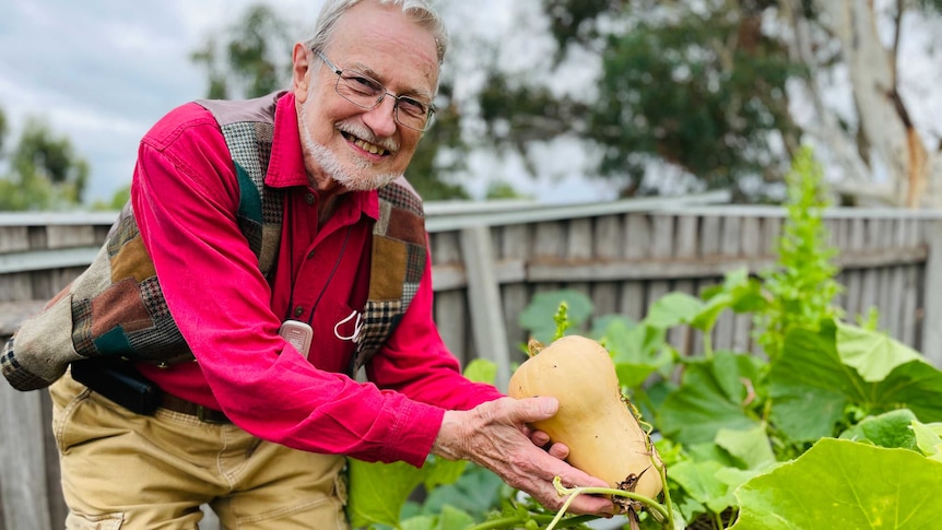George Gerrity holds a pumpkin on the vine.