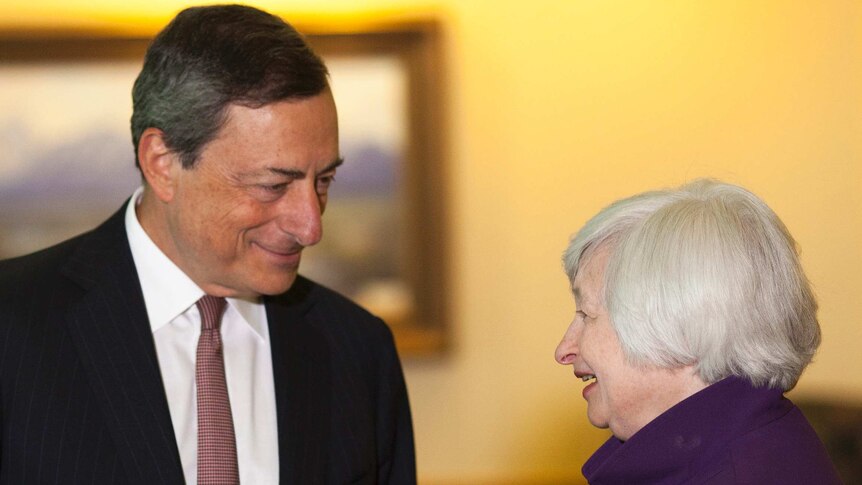 Fed Reserve chair Janet Yellen speaking with ECB president Mario Draghi