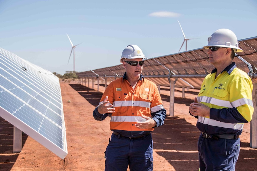Two men wearing high-vis workwear standing among solar panels at a renewable energy project.