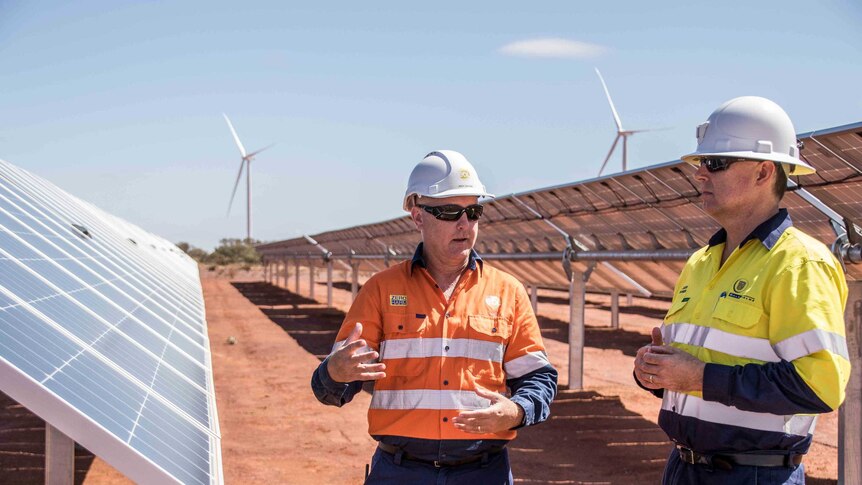 Two men wearing high-vis workwear standing among solar panels at a renewable energy project.