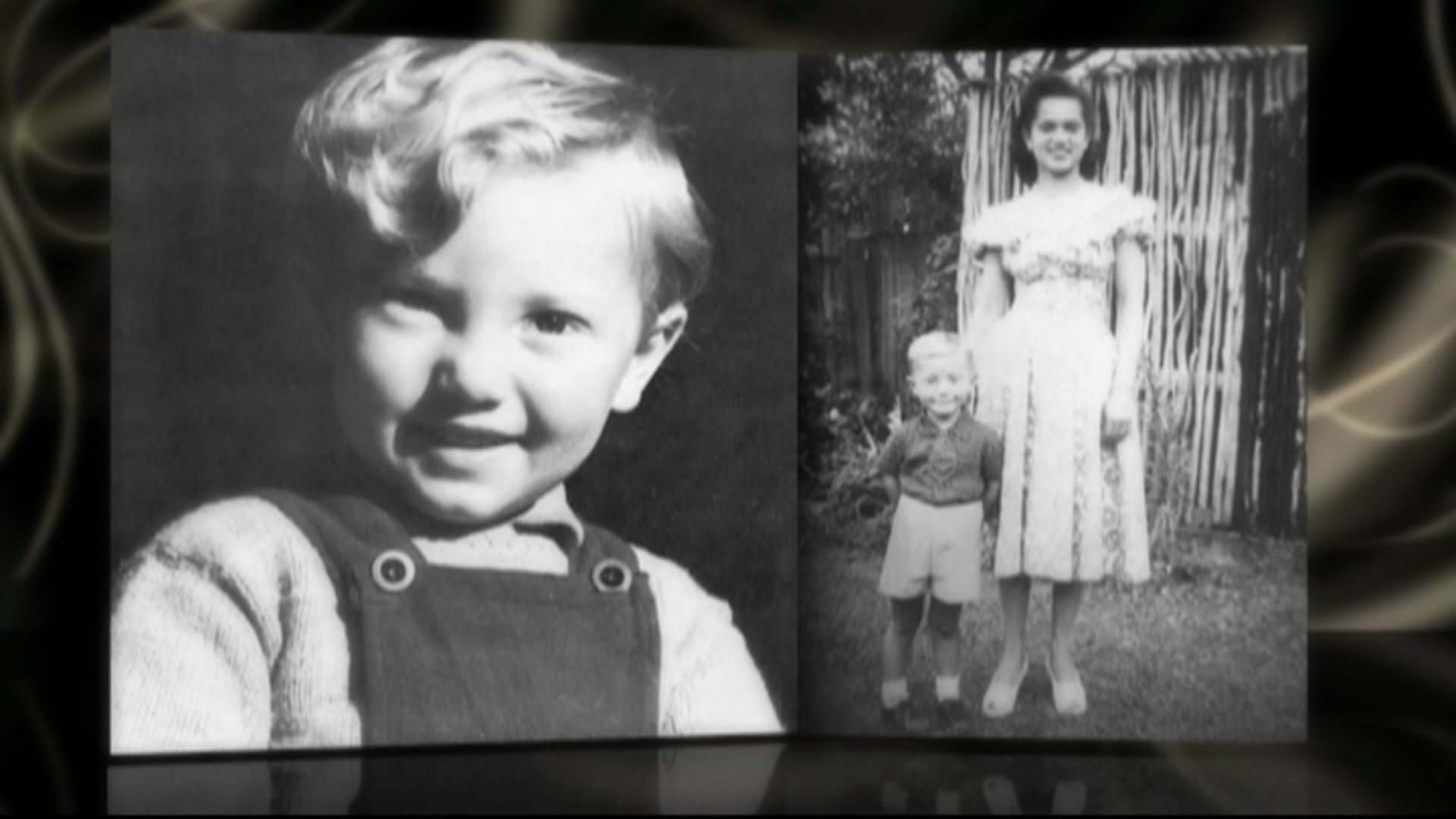A composite black and white image of a toddler on the left and a young boy standing with a woman on the right.