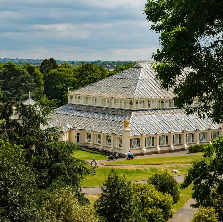 From a high angle, you look down at a neoclassical greenhouse nestled between trees and greenery.