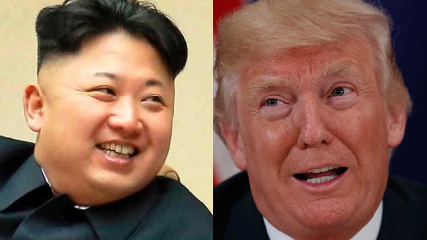 A composite of North Korea leader Kim Jong-un next to US President Donald Trump.