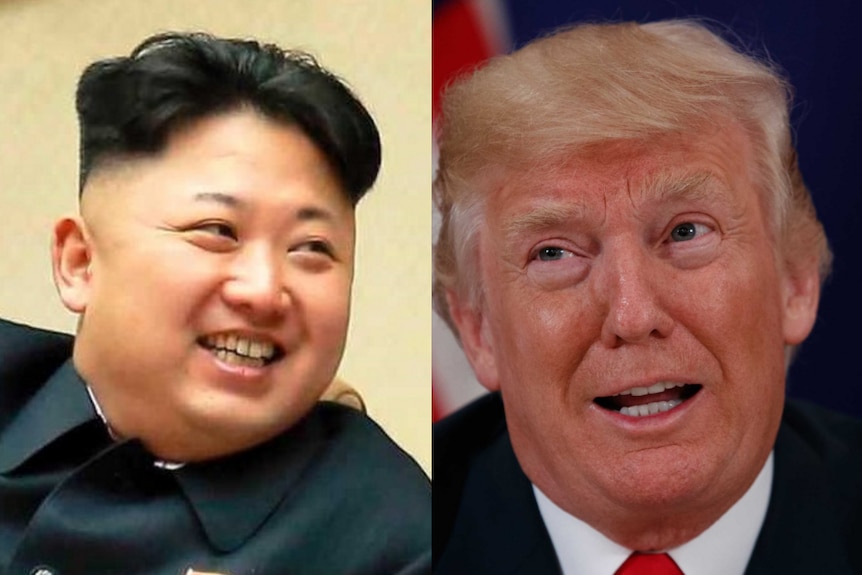 A composite of North Korea leader Kim Jong-un next to US President Donald Trump.