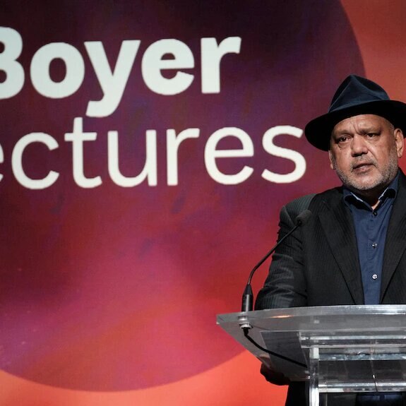 Noel Pearson at the lectern delivering the 2022 Boyer lecture on ABC TV