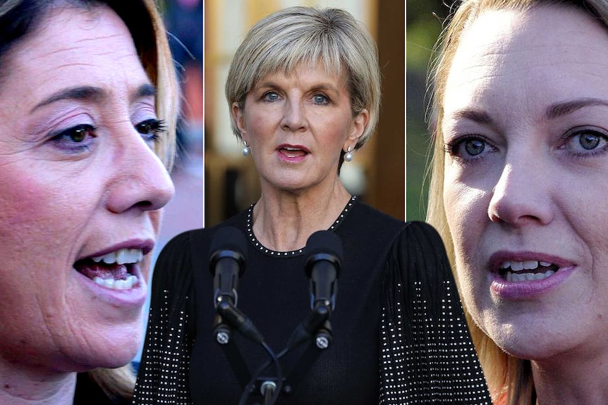 A montage of headshots of Rita Saffioti, Julie Bishop and Mia Davies