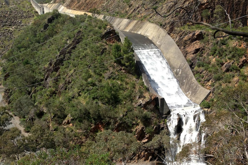 A concrete channel on a hillside with water running down it.