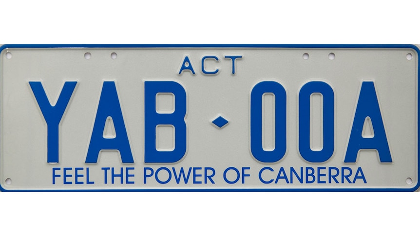 An ACT number plate with the caption "feel the power of Canberra."