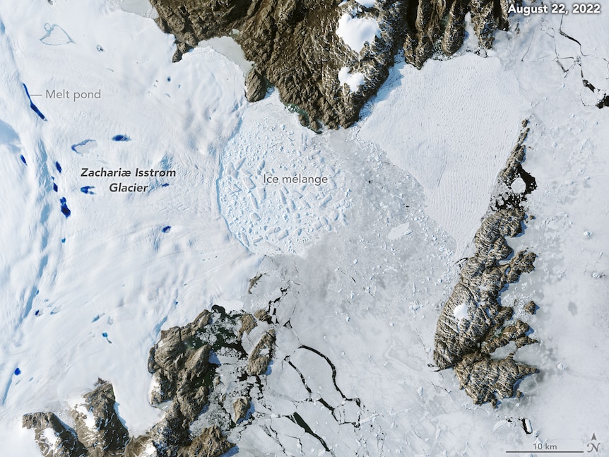 Updated imagery taken in 2022 captures the retreat of the glacier. (Supplied: NASA/United States Geological Survey)