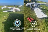Two photos side-by-side of a crashed light plane upside down on grass
