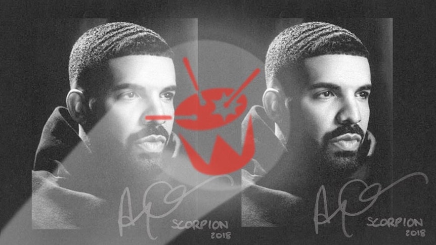 the triple j logo spotlighted onto the album art for Drakes' 2018 double album Scorpion