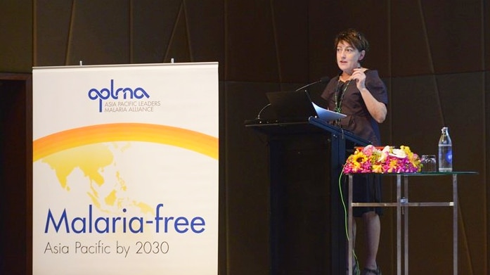 Doctor Mary Moran stands behind a lectern while delivering an address at a malaria conference