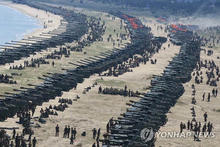 Lines of soldiers with large weapons fill a beach in North Korea.