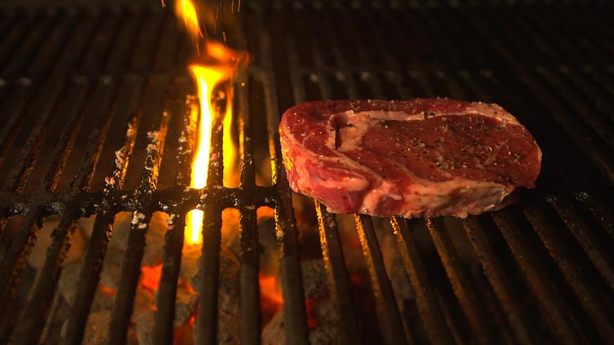 A seasoned piece of steak on a barbecue grill. Behind it a small flame leaps through the grill.
