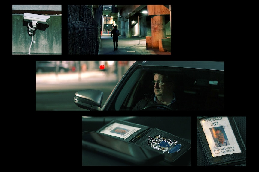 Images in separate spaced-apart rectangles showing Peter in a car, his inspector badge, a CCTV camera, and a laneway.