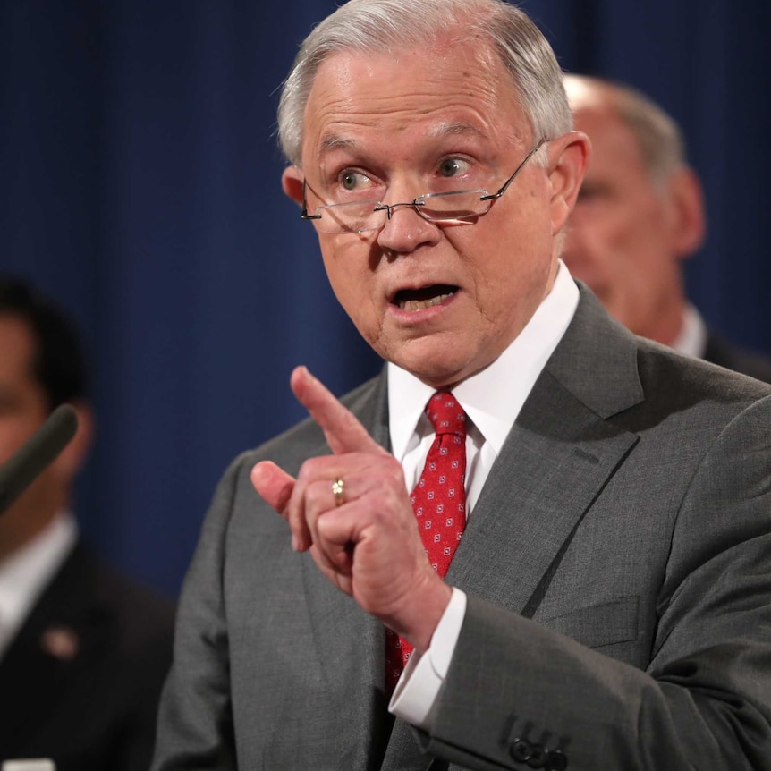 Attorney General Jeff Sessions speaks during a news conference on leaks, he points his finger as he speaks.
