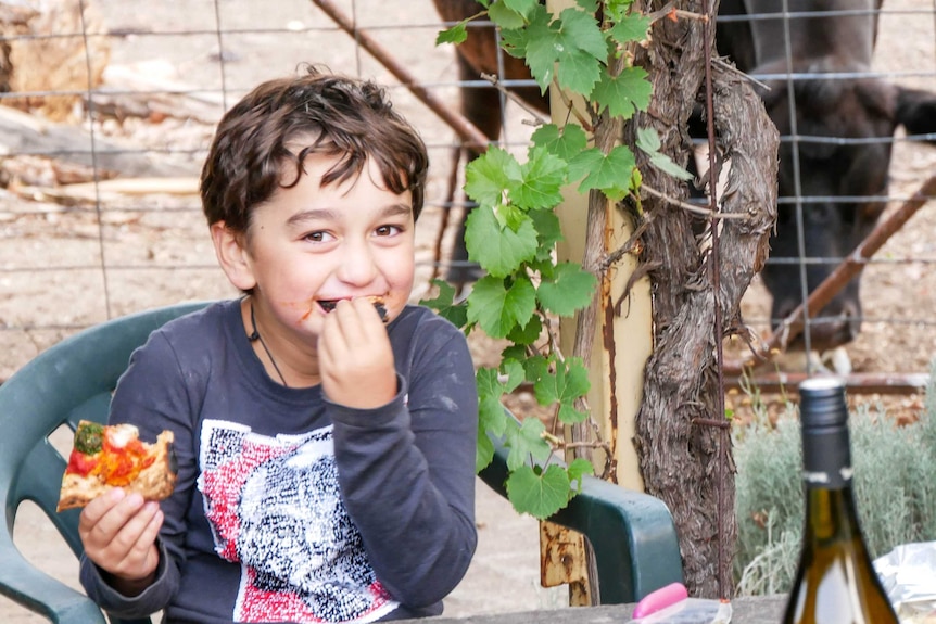 A young boy eating with a cow in the background.