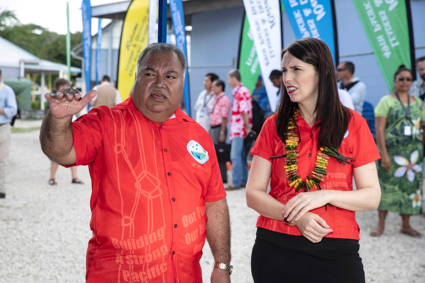 Nauru President Baron Waqa, left, talks with New Zealand Prime Minister Jacinda Ardern in Nauru.