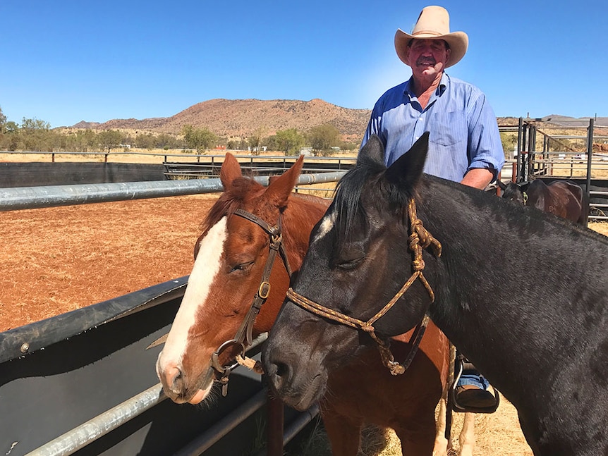 Man in a hat sitting on a horse holding a second horse