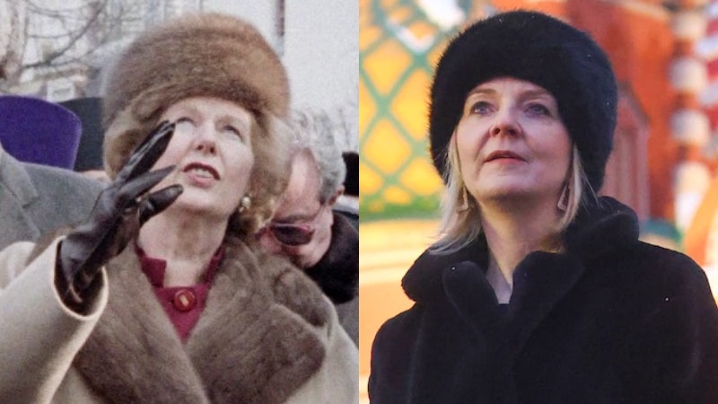 Margaret Thatcher in a brown fur hat and Liz Truss in a black fur hat in front of Red Square