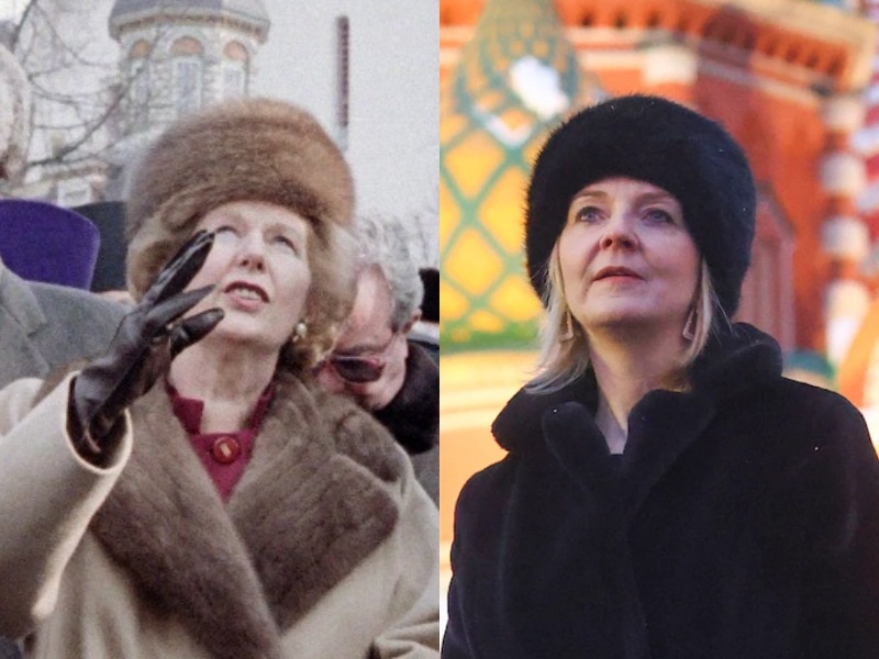 Margaret Thatcher in a brown fur hat and Liz Truss in a black fur hat in front of Red Square