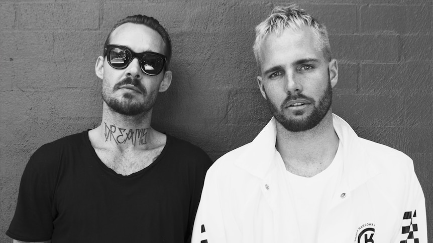 A 2017 black and white press shot of Daniel Johns and What So Not