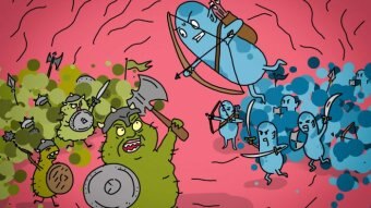 A cartoon of bugs fighting a battle with bows and arrows, axes and swords.